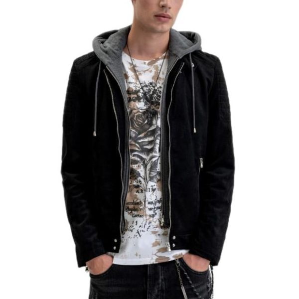 bomber jacket in faux suede with hood clipped rev