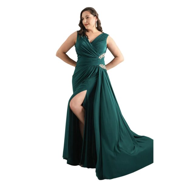 Φόρεμα maxi στόλισμα με πέτρες στο πλάι και σκίσιμο σμαραγδί