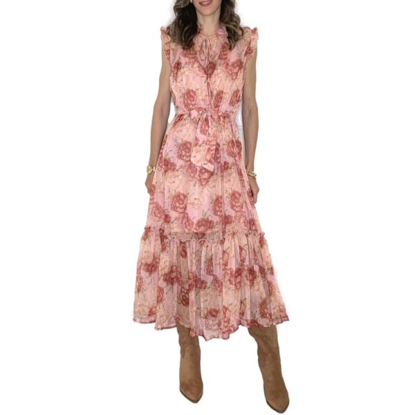 Φόρεμα μακρύ φλοράλ αμάνικο με βολάν ροζ/σομόν