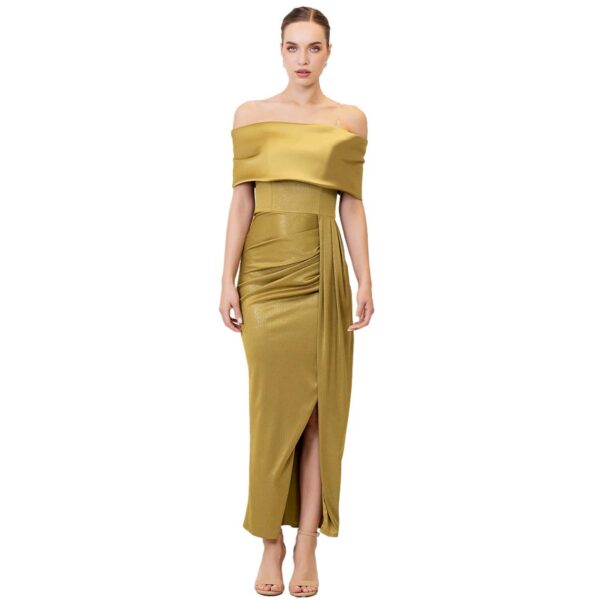 Φόρεμα μακρύ olive-gold off shoulder με σκίσιμο
