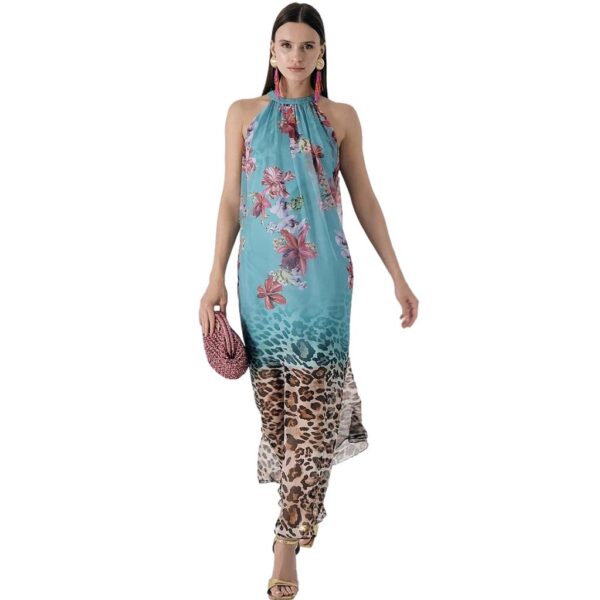 Γυναικείο φόρεμα μακρύ halter φλοράλ/leopard print τιρκουάζ