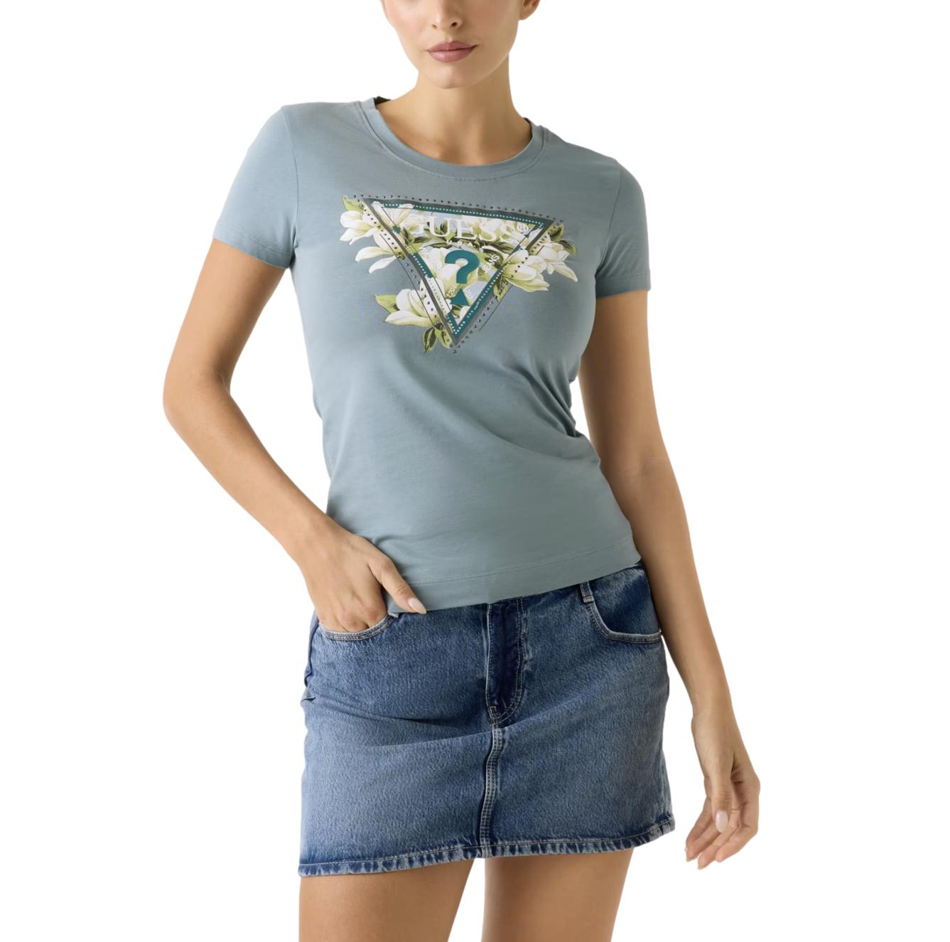 Γυναικείο T-shirt Guess camelia triangle tee μπλε φιμέ