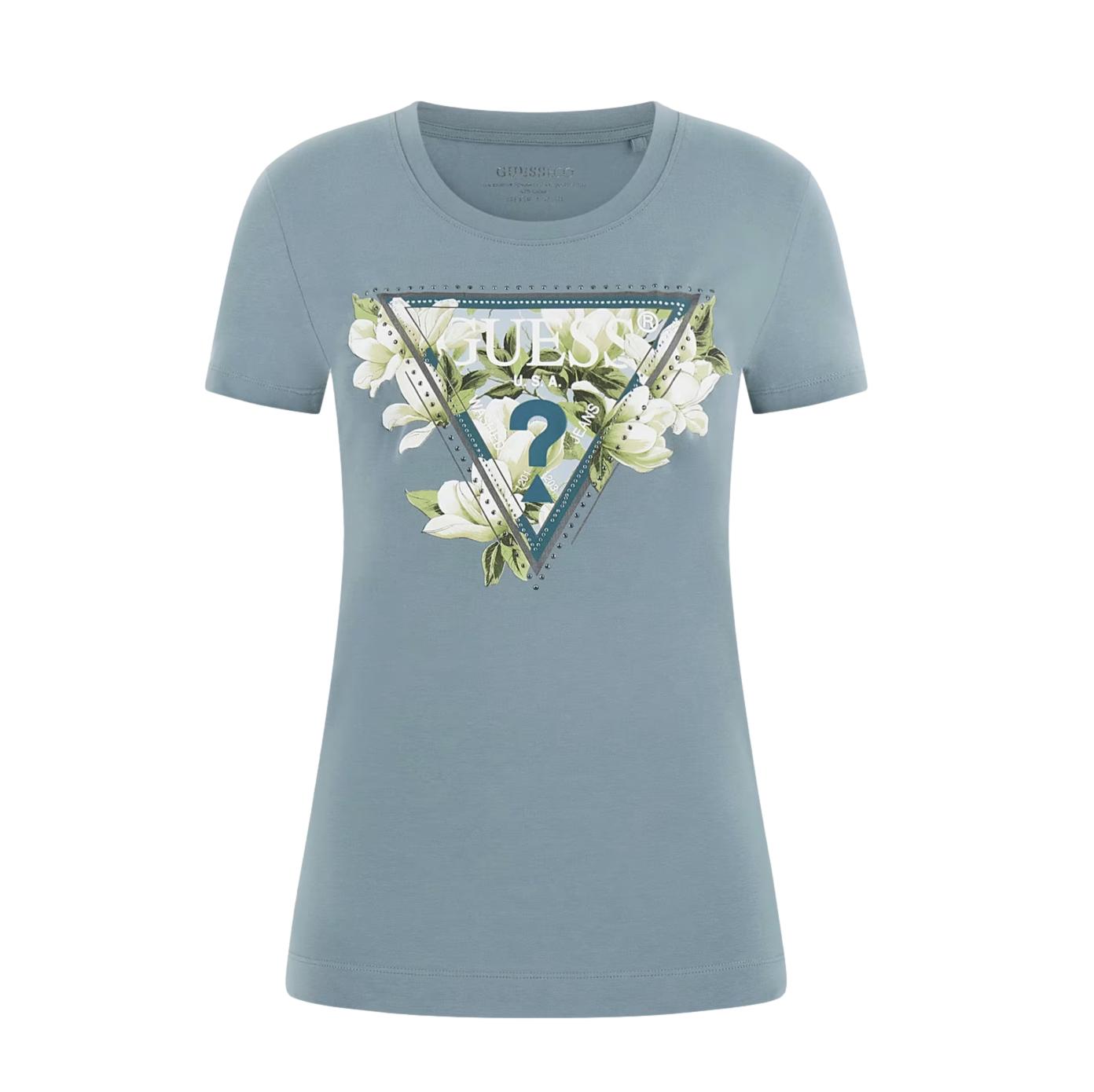 Γυναικείο T-shirt Guess camelia triangle tee μπλε φιμέ - Image 4