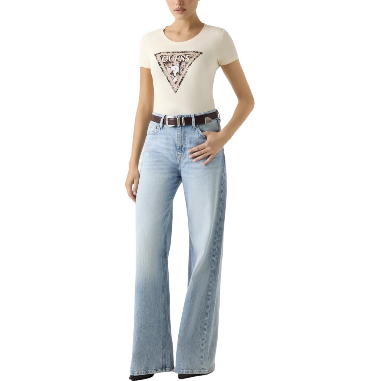 Γυναικείο T-shirt Guess leo triangle tee κρεμ - Image 3