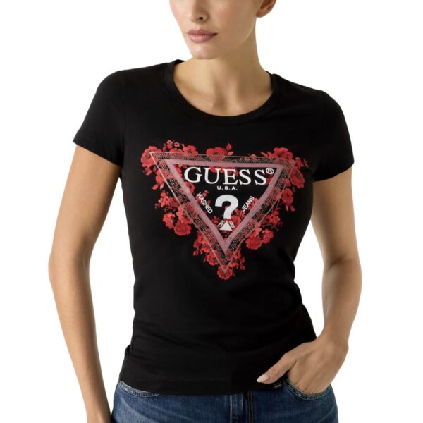 Γυναικείο T-shirt Guess flower triangle tee μαύρο