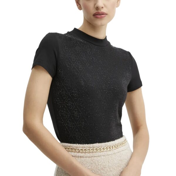 Γυναικείο T-shirt Guess mock neck tee all over 4g μαύρο