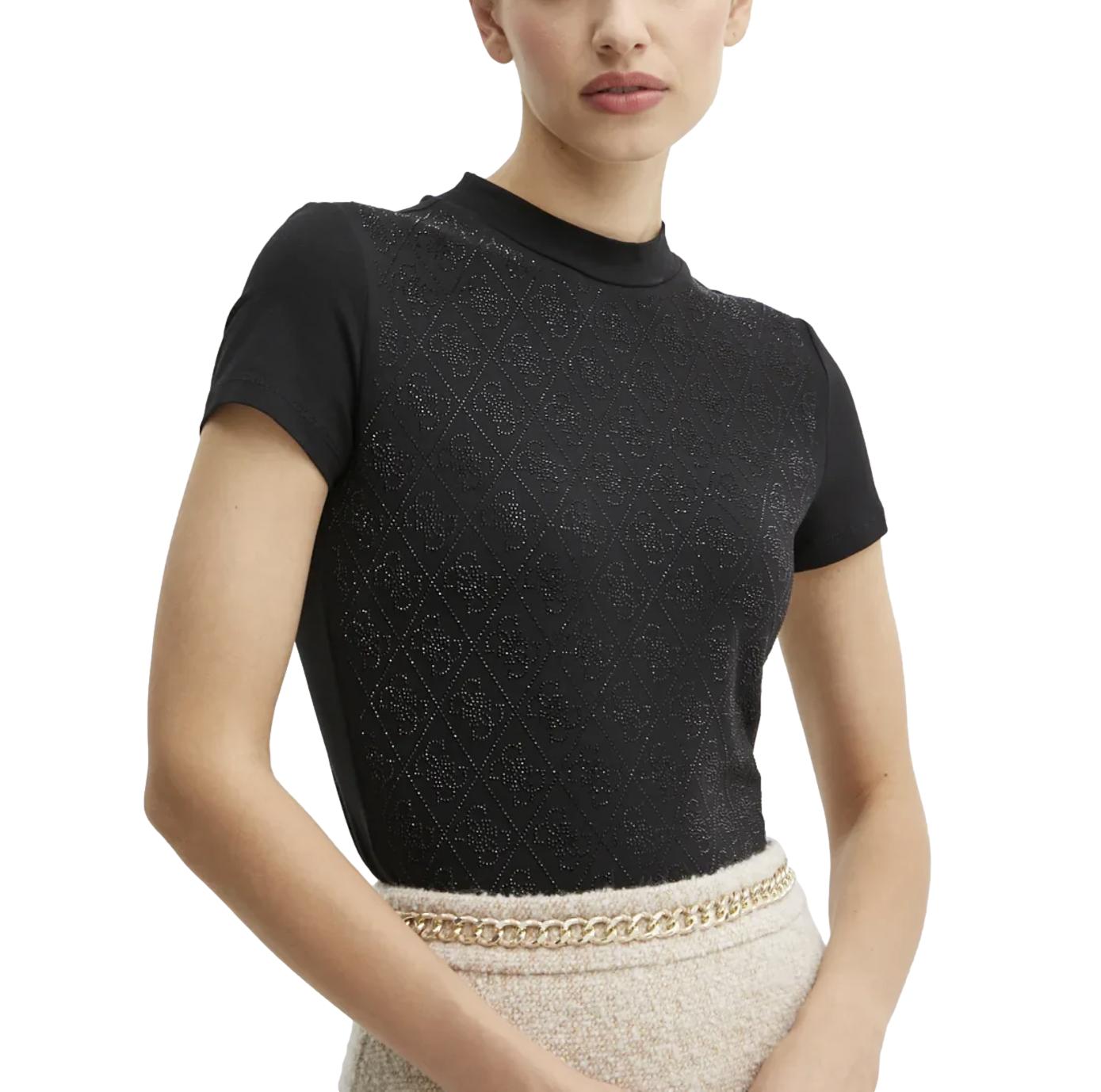 Γυναικείο T-shirt Guess mock neck tee all over 4g μαύρο