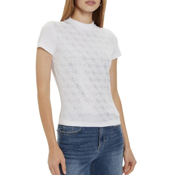 Γυναικείο T-shirt Guess mock neck tee all over 4g λευκό