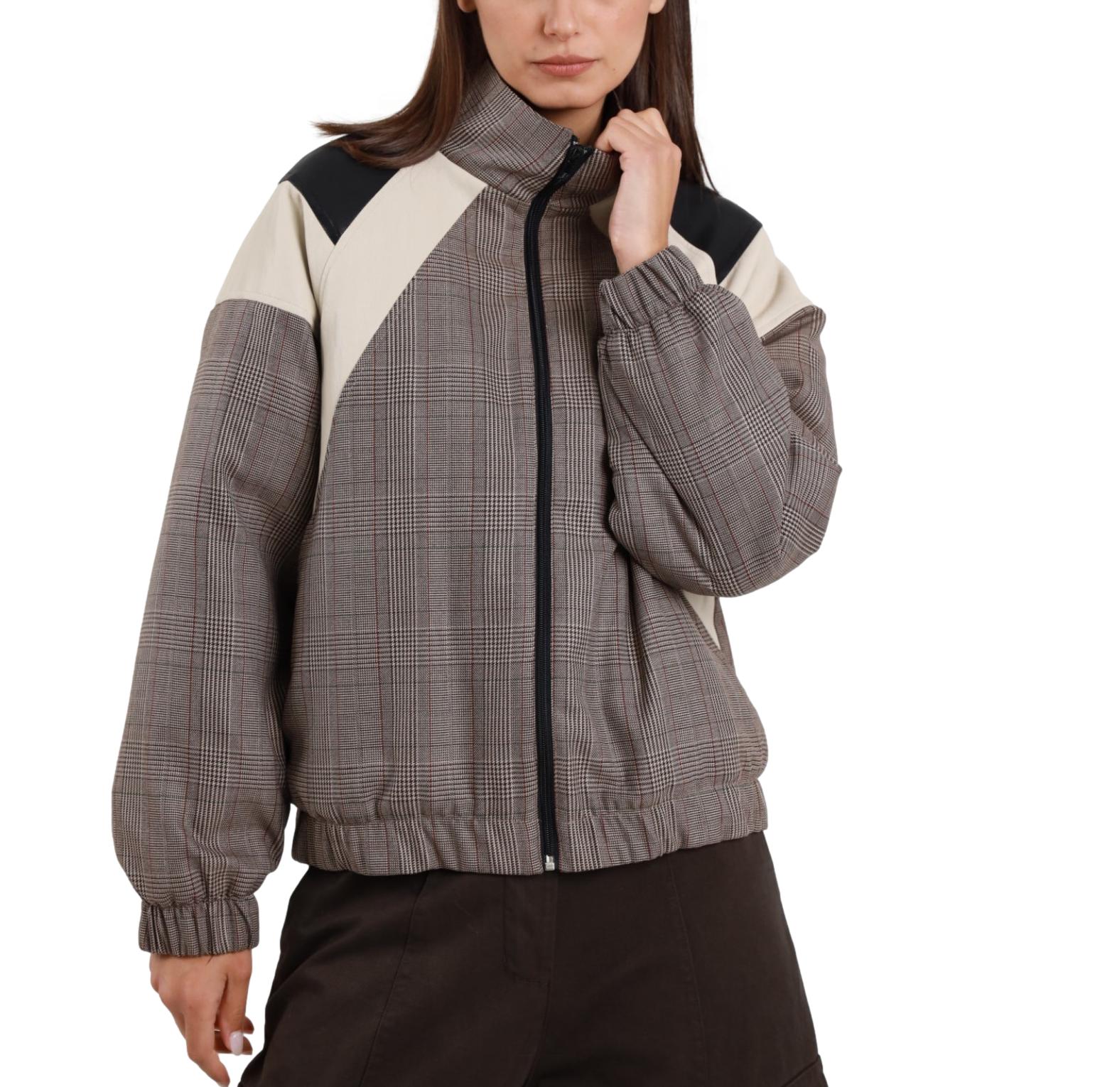 Γυναικείο Bomber Jacket καφέ καρό με λεπτομέρειες eco-leather