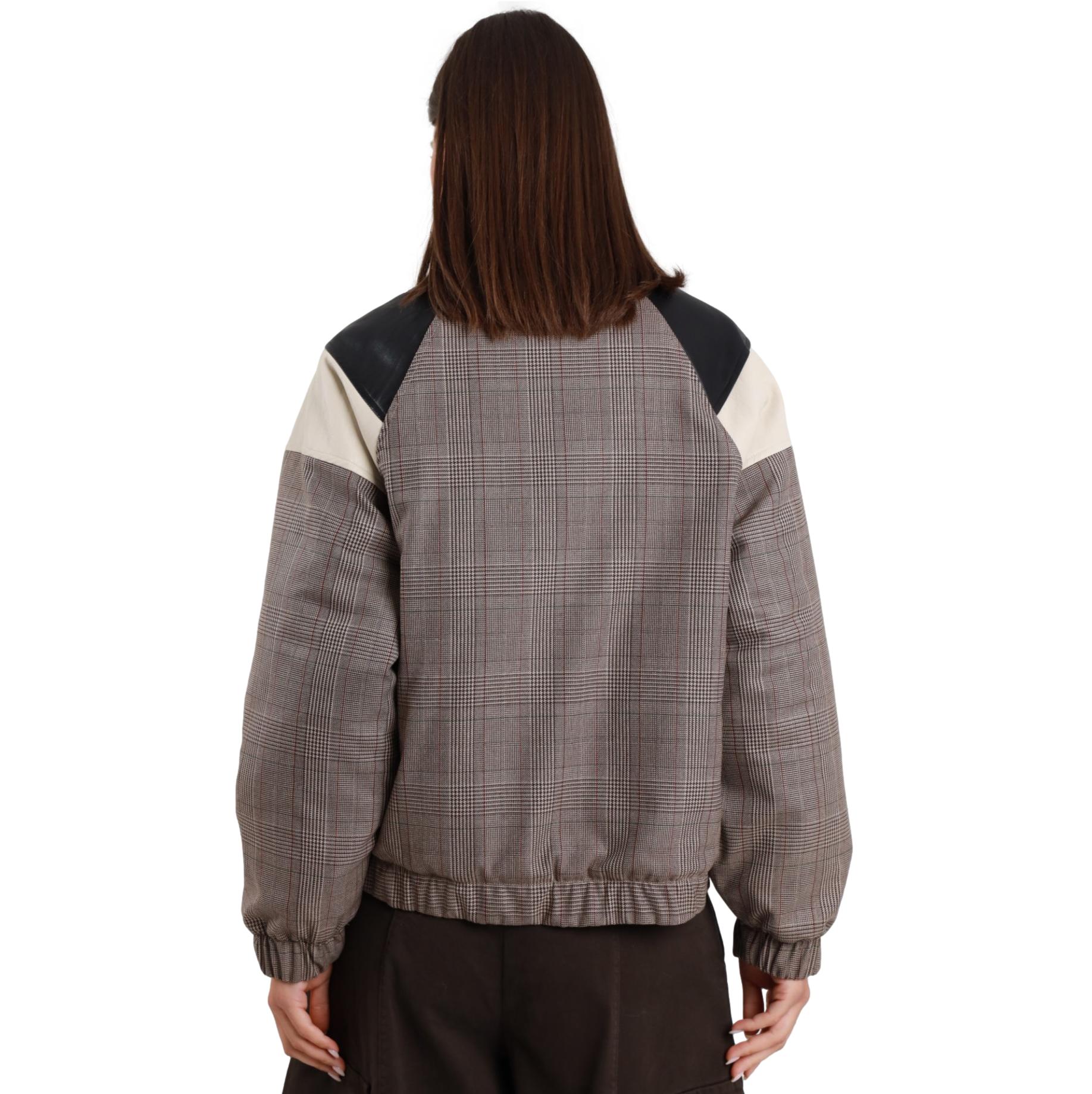 Γυναικείο Bomber Jacket καφέ καρό με λεπτομέρειες eco-leather - Image 4