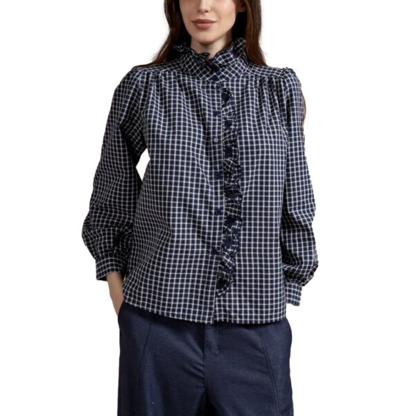 Γυναικεία Καρό Μπλούζα Gingham με Όρθιο Γιακά & Βολάν Μπλε/Λευκό