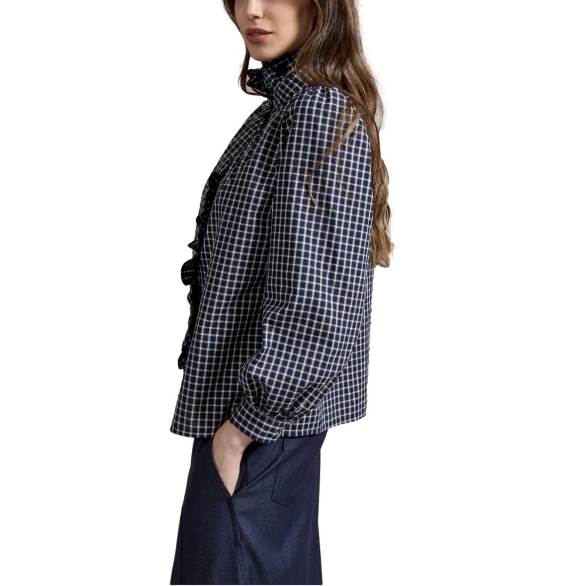 Γυναικεία Καρό Μπλούζα Gingham με Όρθιο Γιακά & Βολάν Μπλε/Λευκό - Image 5