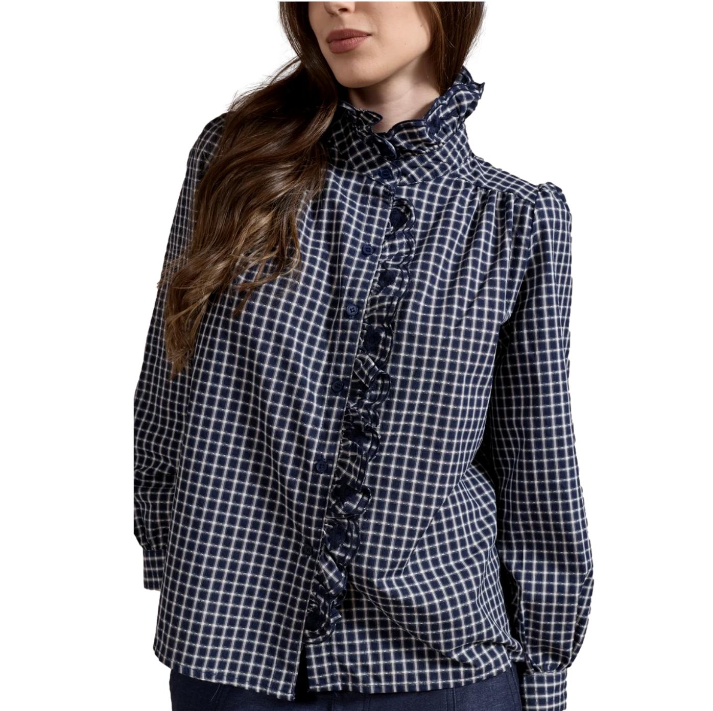 Γυναικεία Καρό Μπλούζα Gingham με Όρθιο Γιακά & Βολάν Μπλε/Λευκό - Image 4