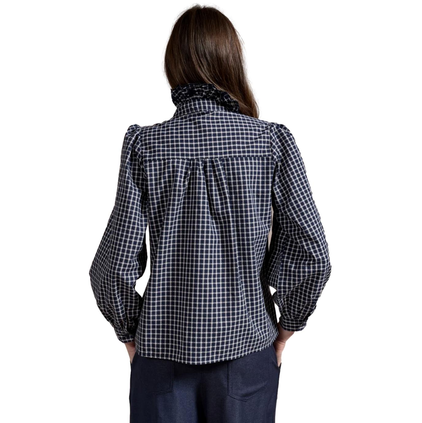 Γυναικεία Καρό Μπλούζα Gingham με Όρθιο Γιακά & Βολάν Μπλε/Λευκό - Image 3