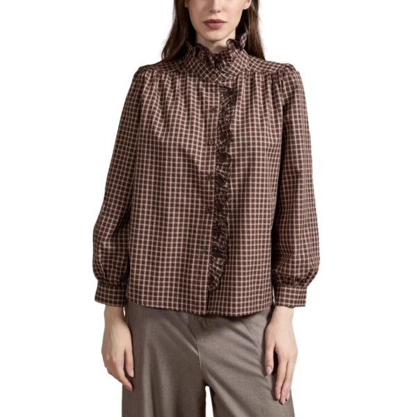 Γυναικεία Καρό Μπλούζα Gingham με Όρθιο Γιακά & Βολάν καφέ